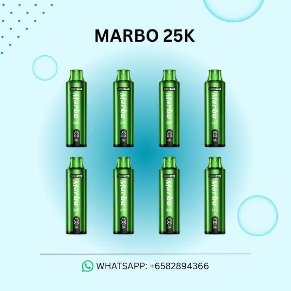 Marbo 25000 Puffs disposable vape device with smart LED screen displaying battery and liquid levels.